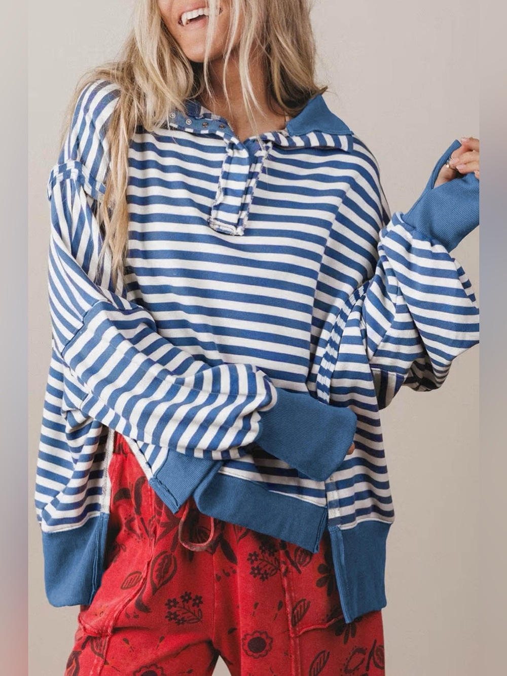 Stripe Color Block Trim Raw Seam Split Hem Loose Sweatshirt - Picture 5 of 16